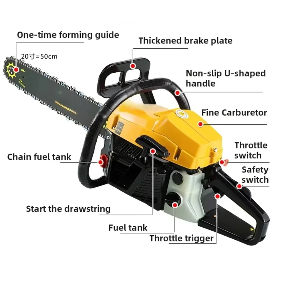 Guide Bar High Efficiency Low Consumption Outdoor Logging Firewood Cutting Tools Four Stroke 75CC 9900W Gas Chain Saw 20 Inch