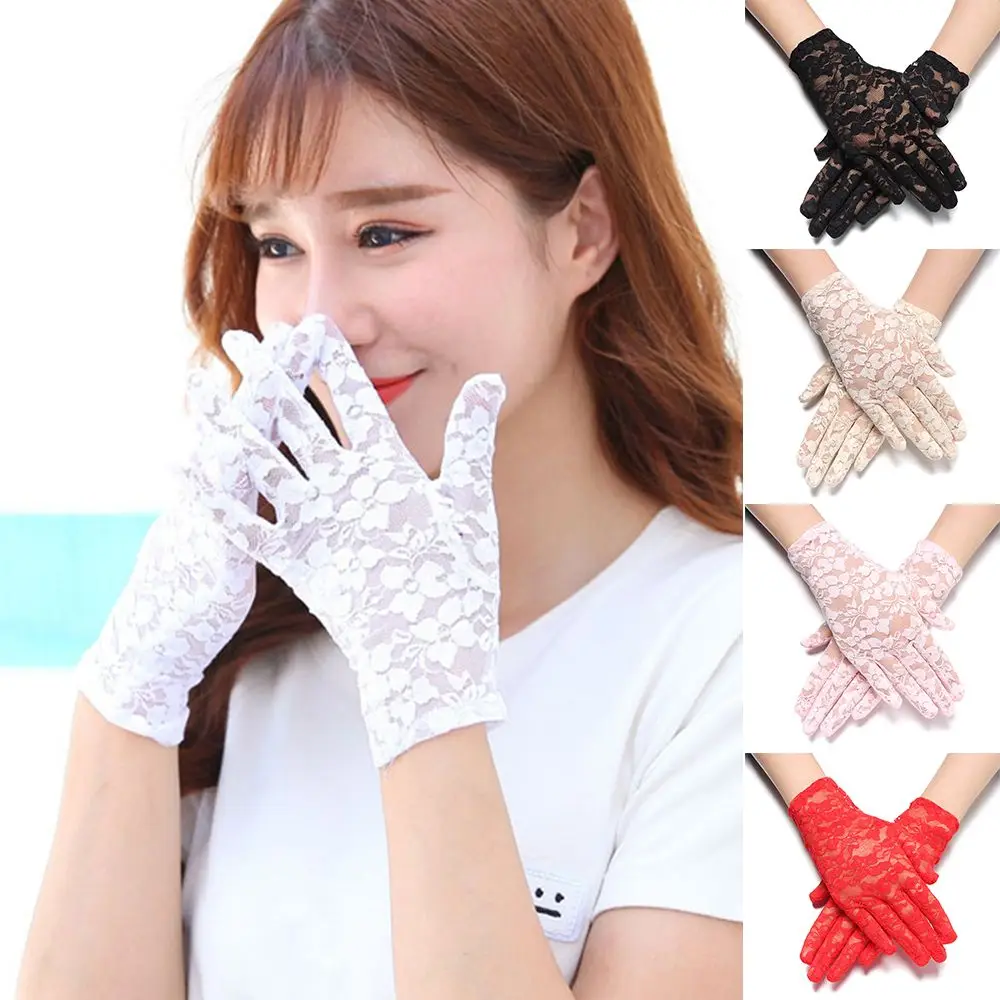 Female Short Goth Party UV Protection Gloves Hollow-Out Mittens Sunscreen Gloves Bride Lace Gloves