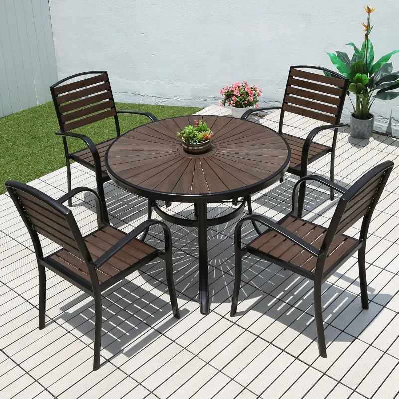 Outdoor plastic wood tables and chairs combined with anti-corrosive wood three-piece set, outdoor waterproof and sun protection,