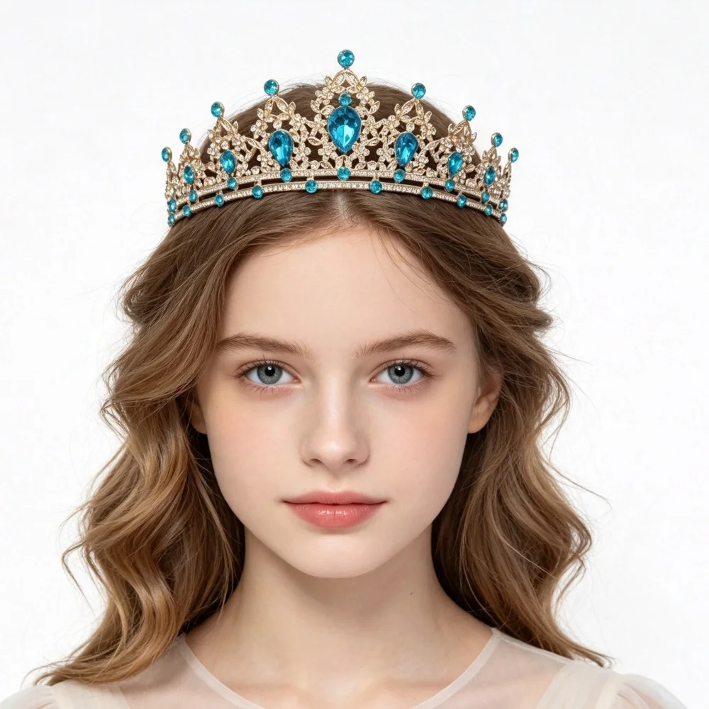 Luxury Princess Crown for Women Girls Blue Crystal Queen Tiara Headband Fashion Headpiece for Birthday Cosplay Party Wedding view 2
