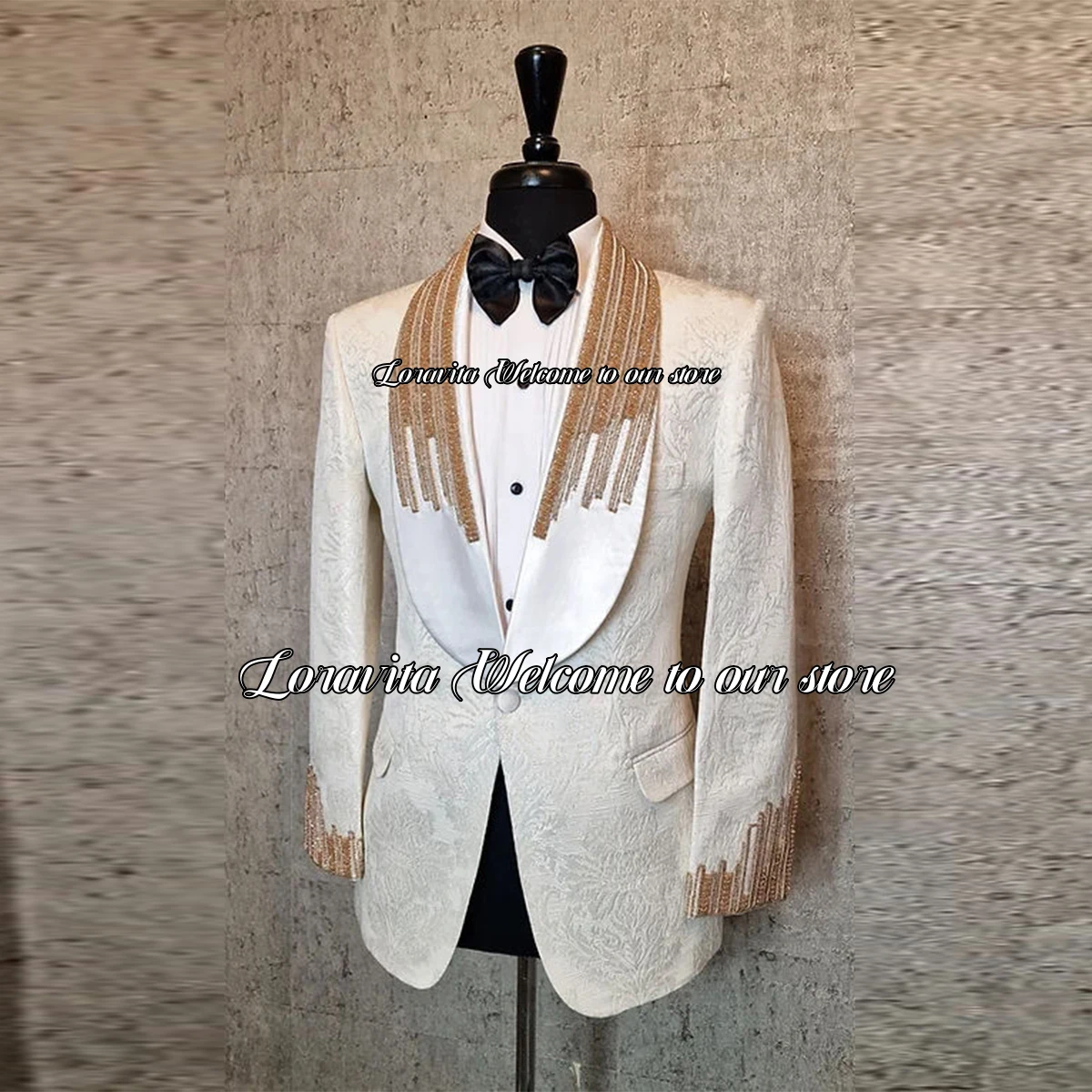 

White Jacquard Groom Tuxedos Luxury Crystals Beaded Men Suit Slim Fit Male Wedding Party Blazer 2 Pieces Sets Costume Homme