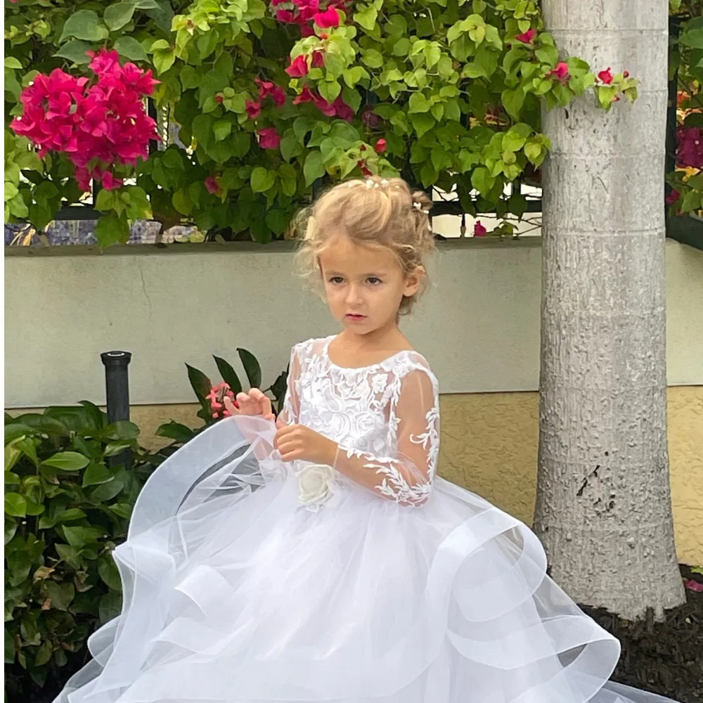 

Simple Flower Girl Dress Black White Long Sleeves For Weddings Tulle Ruffle Lace Kids Pageant Ball Gowns Girls Birthday Dress