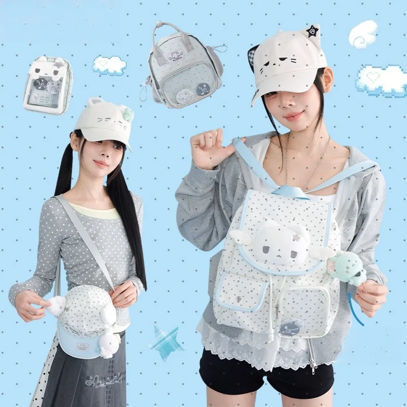 Polka Dot & Striped Ita Tote Bag, Clear Window Shoulder Bag with Cute Bear Embroidery, Kawaii Casual Crossbody for Pin & Doll