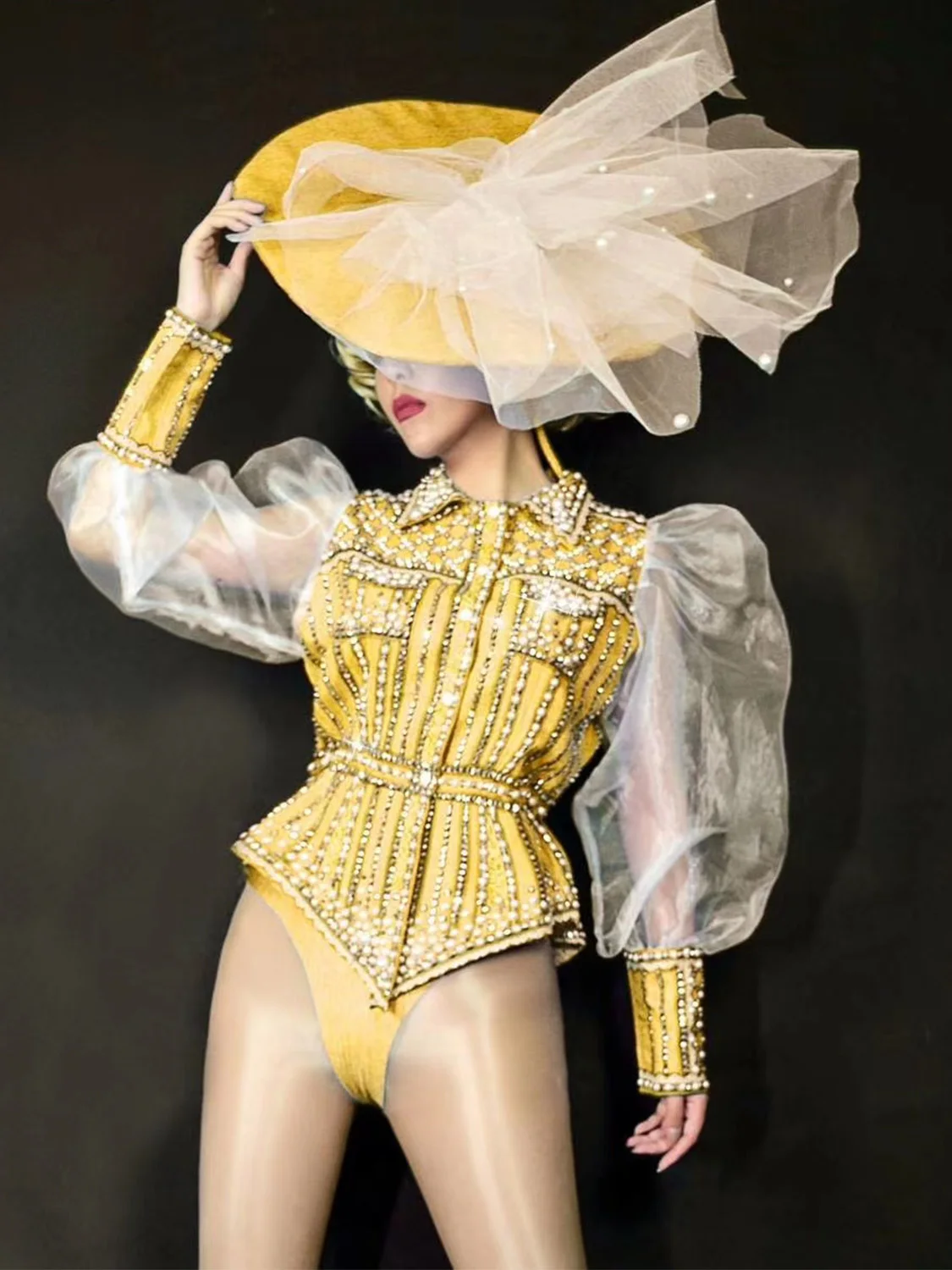 

Sexy Multicolored Gauze Puff Sleeves Shining Rhinestones Top And Shorts Hat Fashion Show Clothing Stage Costume Dance Wears