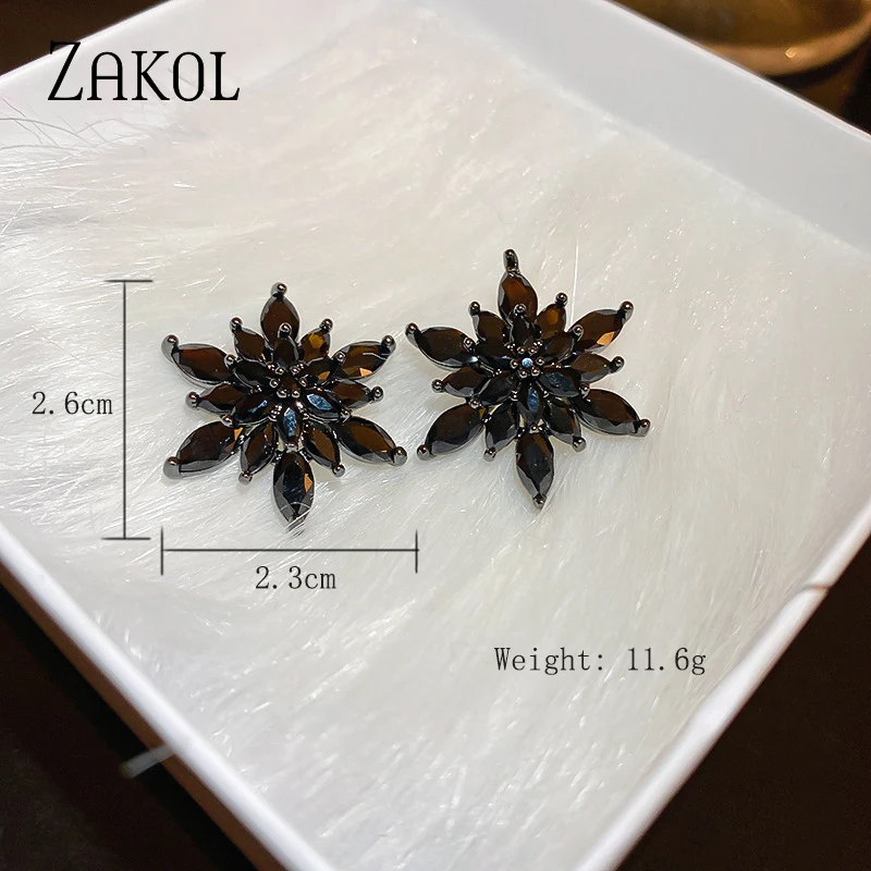 ZAKOL Korea Fashion Black Zircon Flower Stud Earrings for Women Shiny Wedding Party Jewelry 2023 New