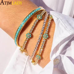 New Arrived Rainbow CZ Colorful Flower Tennis Link Chain Bracelet For Women Girls Iced Out Bling CZ Paved Daisy Flower Bracelet