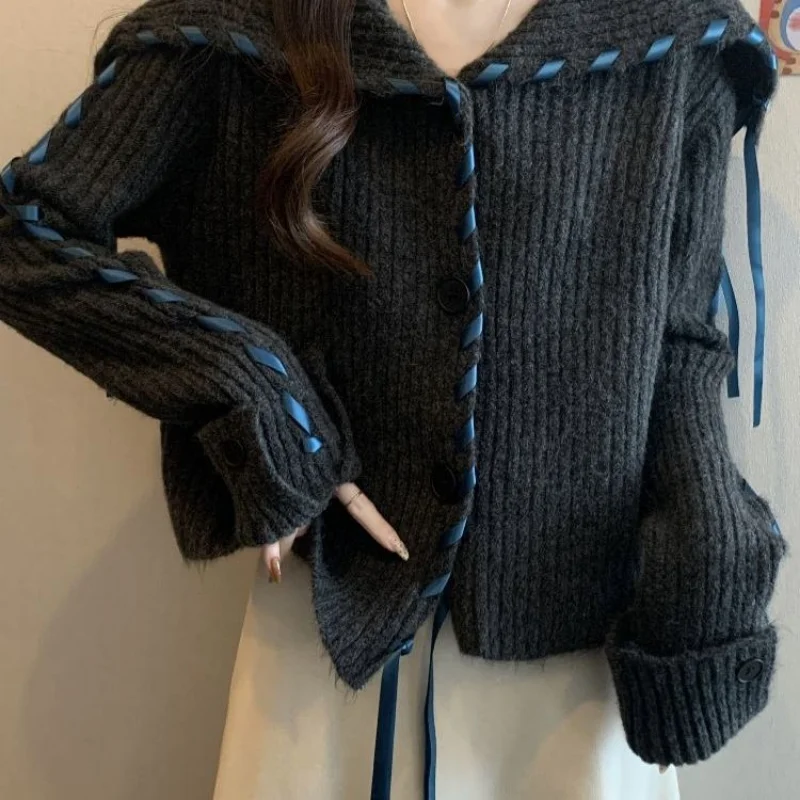 سترة محبوكة عصرية وراقية بتصميم على الطراز الكوري سترة نسائية شتوية جديدة