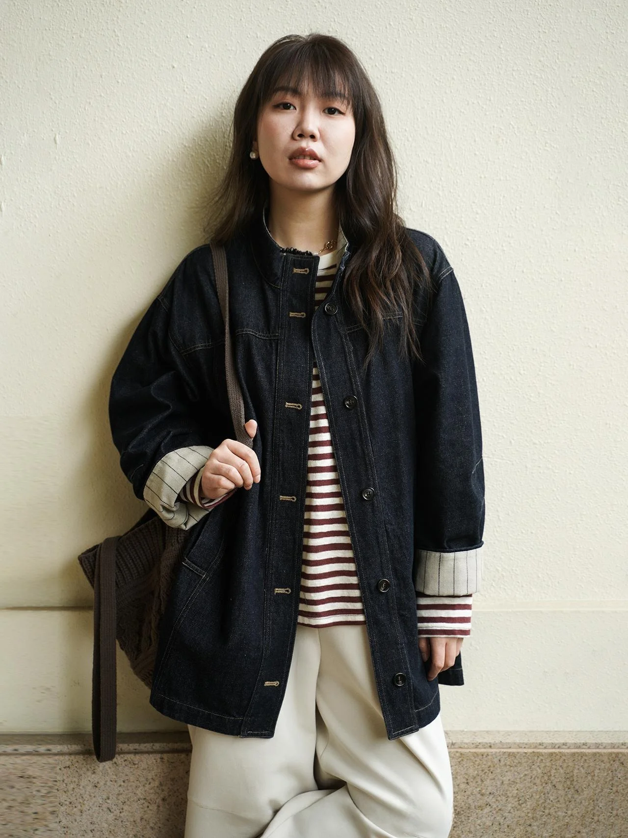 

Waed Bla Denim Jaet Stand Collar Retro Color Blo Ladies ort Outerwear Cotton Polyester Blend Long Sve Button Clo...