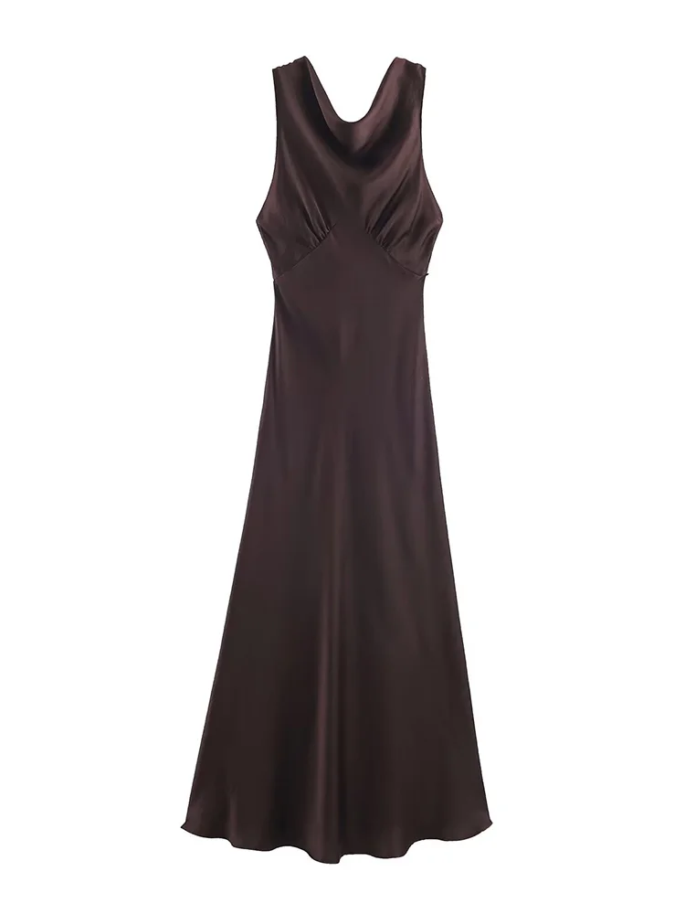 트렌디 여성 패션 솔리드 백리스 장식 지퍼 롱 드레스 여성 V넥 민소매 버튼 허리 새틴 질감 드레스