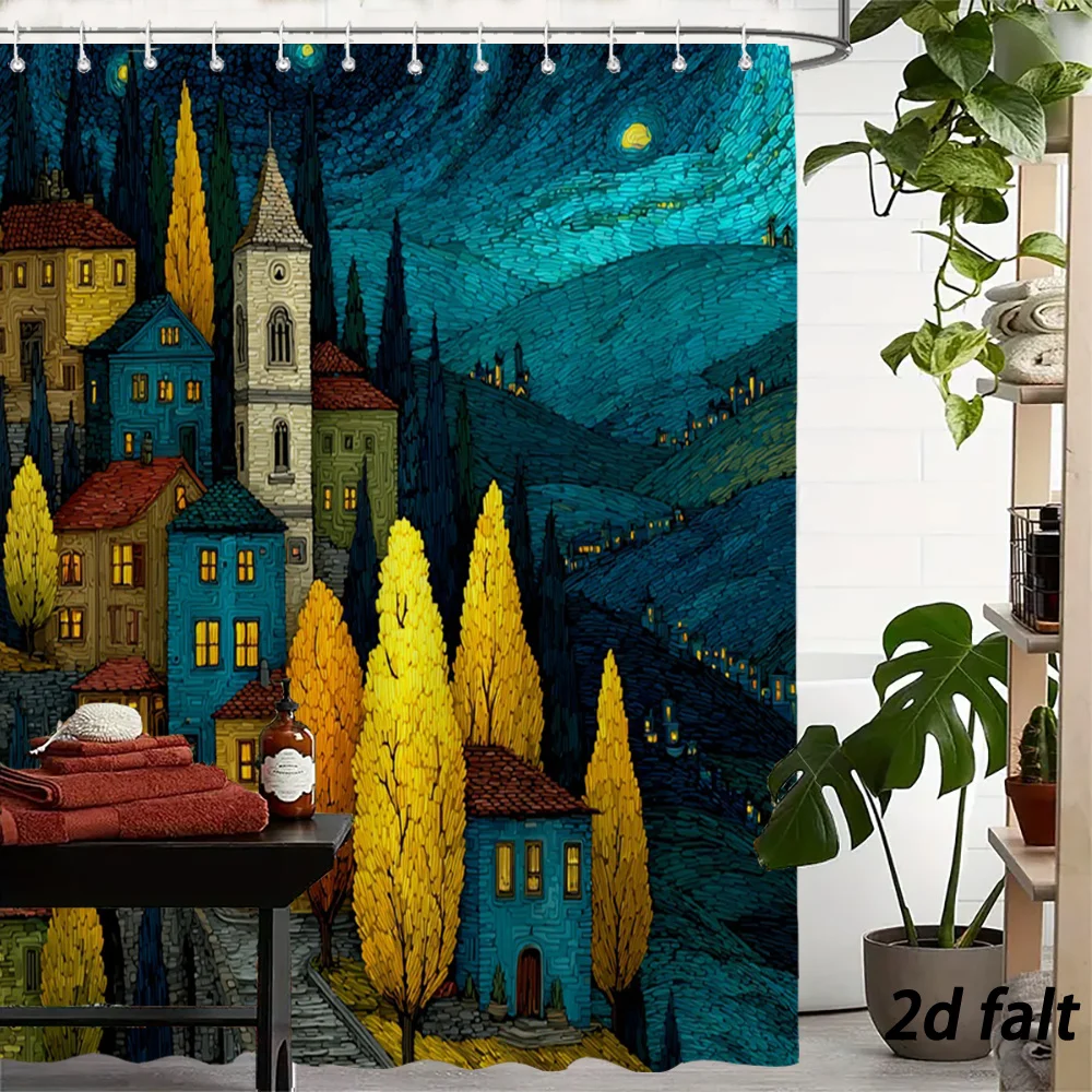 Van Gogh Style Starry Night Medieval European Town Colorful Houses Golden Cypress Trees Night Landscape Print Bath curtain