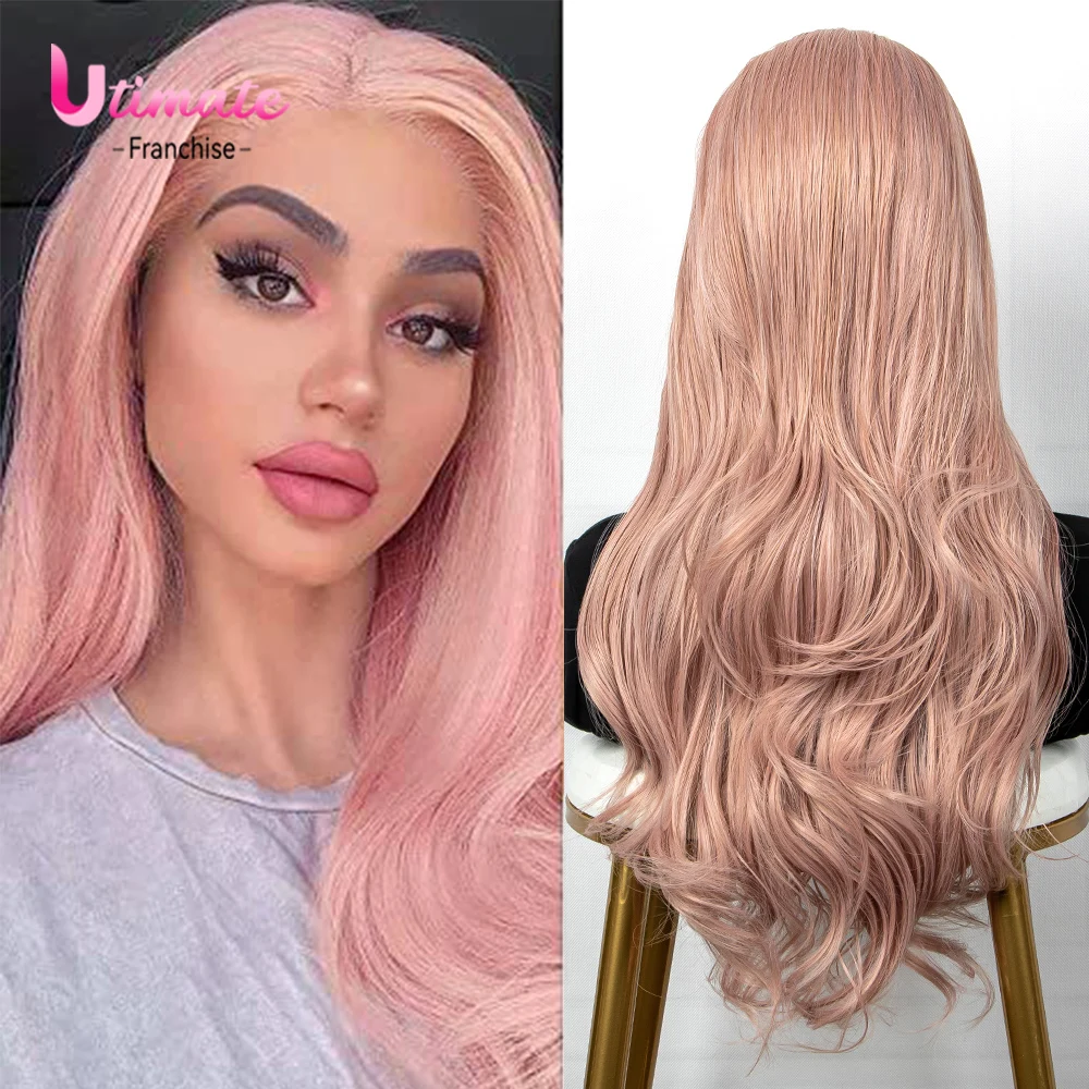 28 inch Light Pink Lace Front Synthetic Wig for Women Middle Part Natural Wavy T Lace Wig for Women Party Cosplay