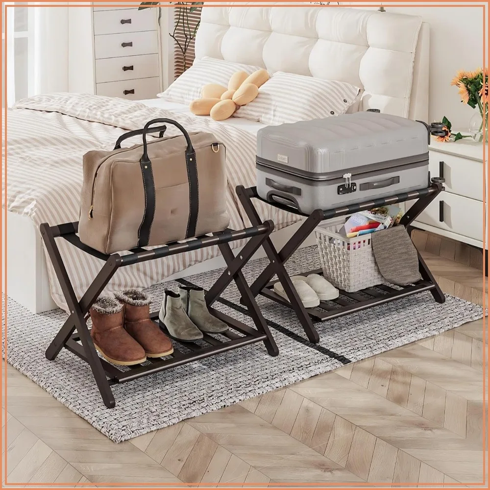 2 Pack Bamboo Luggage Rack Foldable Suitcase Stand with Shoe Shelf and 5 Straps for Guest Room