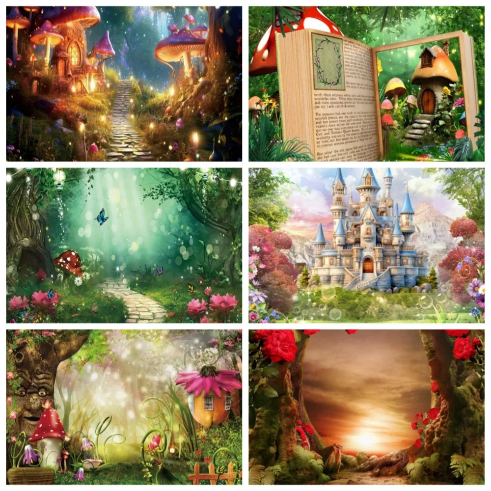 Fairy Tale Magic Mushroom Forest Butterfly Theme Photography Backdrop, Children's Birthday Party Decoration Photography Backdrop