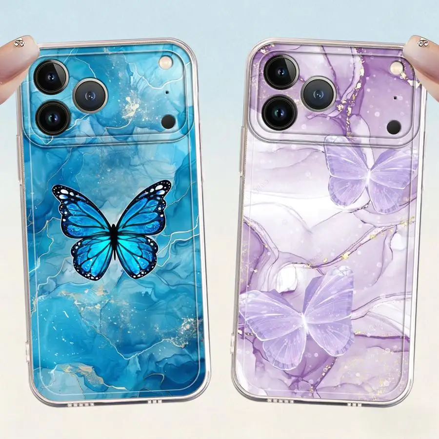 Case for iPhone 17 Pro Max 17e XS Max 12 Mini 15 14 Plus 16 11 XR 13 Pro Air Soft Phone Cover Marble Butterfly