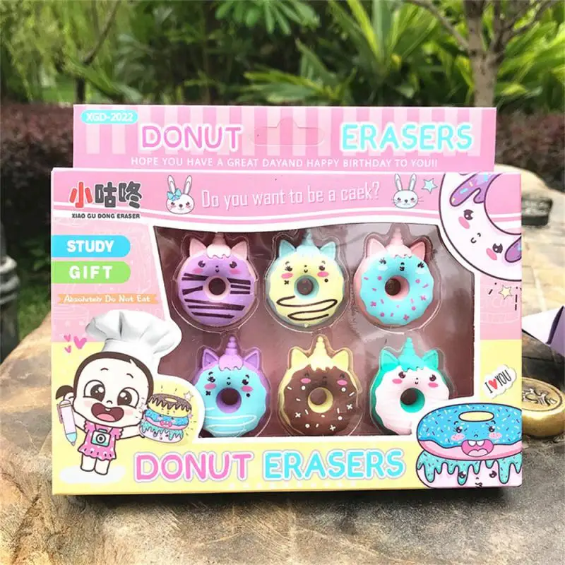 Borrador de goma con forma de donut Kawaii, borradores de lápiz creativos, suministros escolares, papelería, premios geniales para niños y estudiantes, 6 uds.