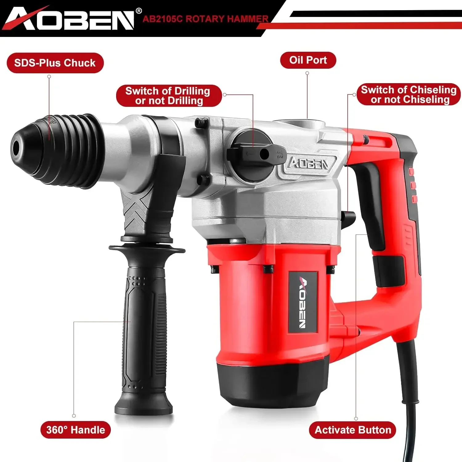 1-1/4 Inch SDS-Plus Rotary Hammer Drill with Vibration Control and Safety Clutch,10 Amp Heavy Duty Demolition Hammer