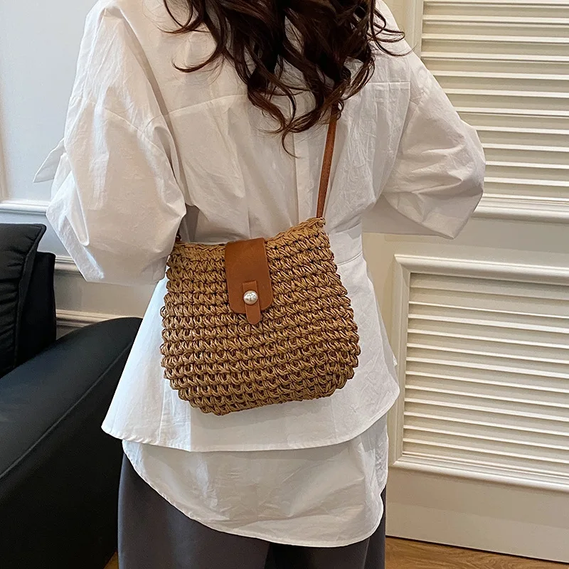 

Fashion woven diagonal cross bucket bag, lightweight mobile phone bag, travel vacation beach bag, women's bag