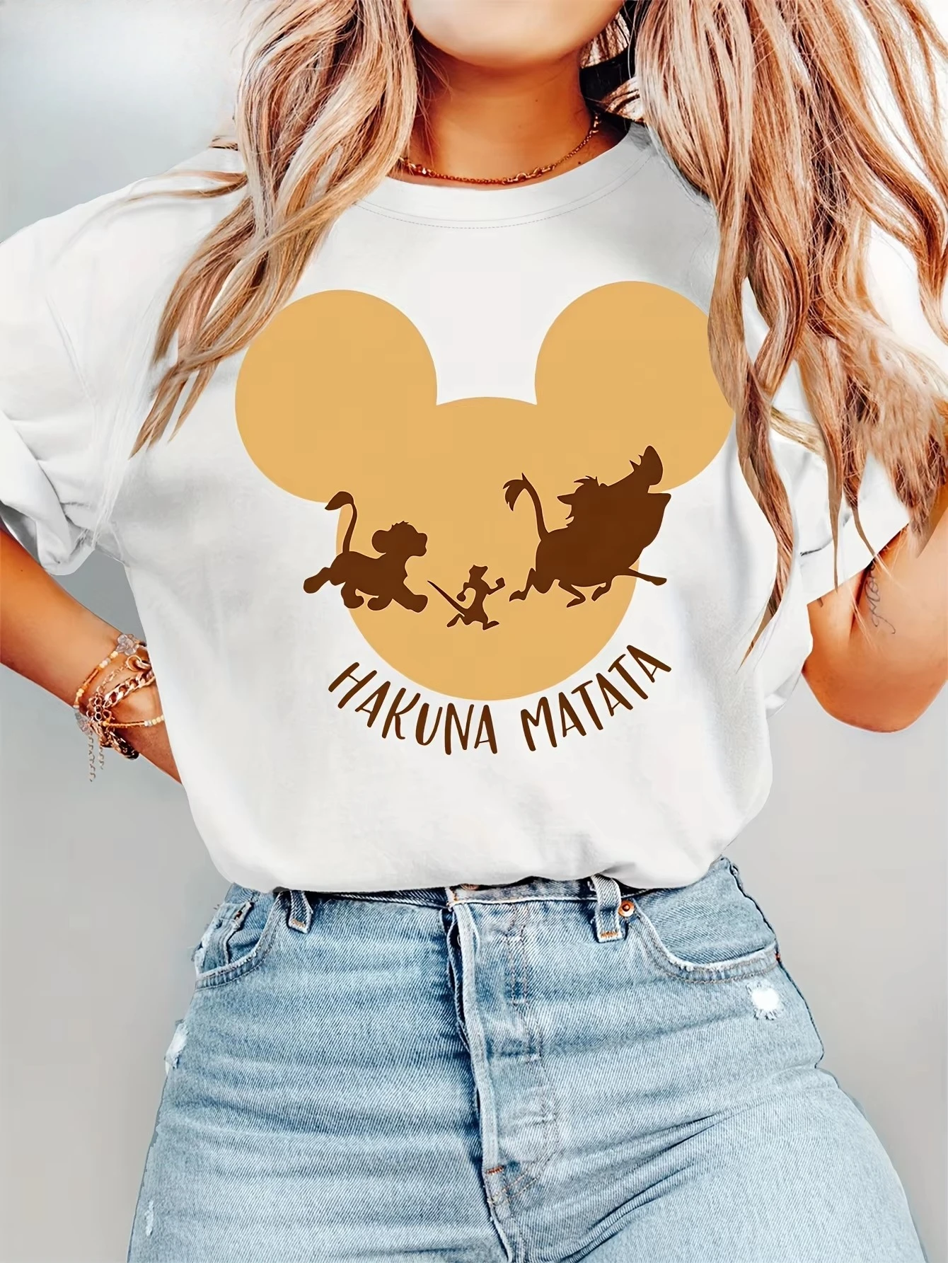 

Футболка Disney Lion King Simba для женщин и мужчин, хлопковая футболка с круглым вырезом, повседневная уличная одежда с короткими рукавами, Nala Silhouette Hakuna Matata