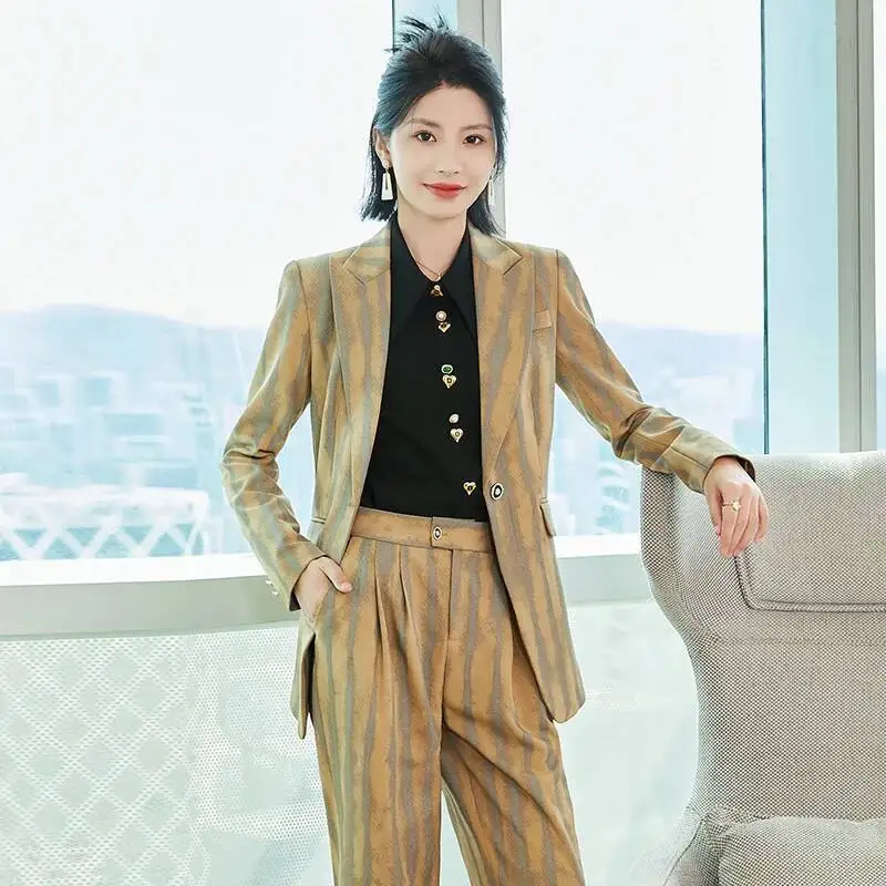 

Высококачественная ткань, модные полосатые деловые костюмы, женские осенне-зимние брючные костюмы, профессиональные пиджаки, брючный комплект