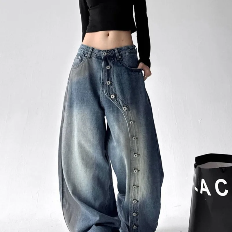 

Slightly Chubby Pear-shaped Sexy Girl Vibe Streetwear Wide-leg Denim Jeans for Women with Studs Loose-fitting Floor-length Pants