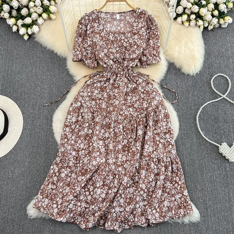 

Fashion New Chic Elastic Loose Dress Casual Floral Printed Lace-up Dress Women Summer Elegant Square Collar Dress Vestidos 26587