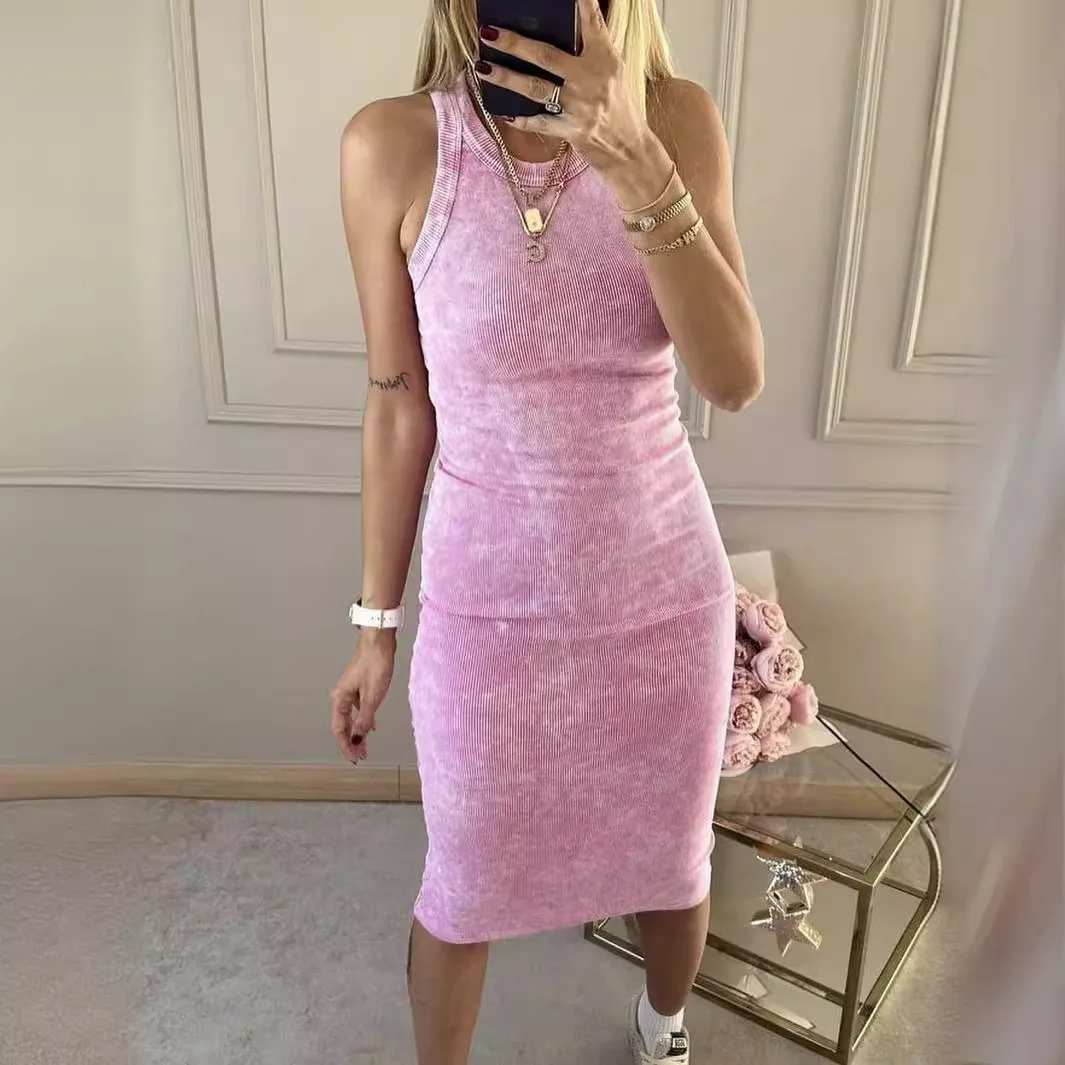 2024 Summer New Tight and Simple Solid Color Round Neck Water Wash Pit Stripe Design Tank Top Dress Women\'s Wear