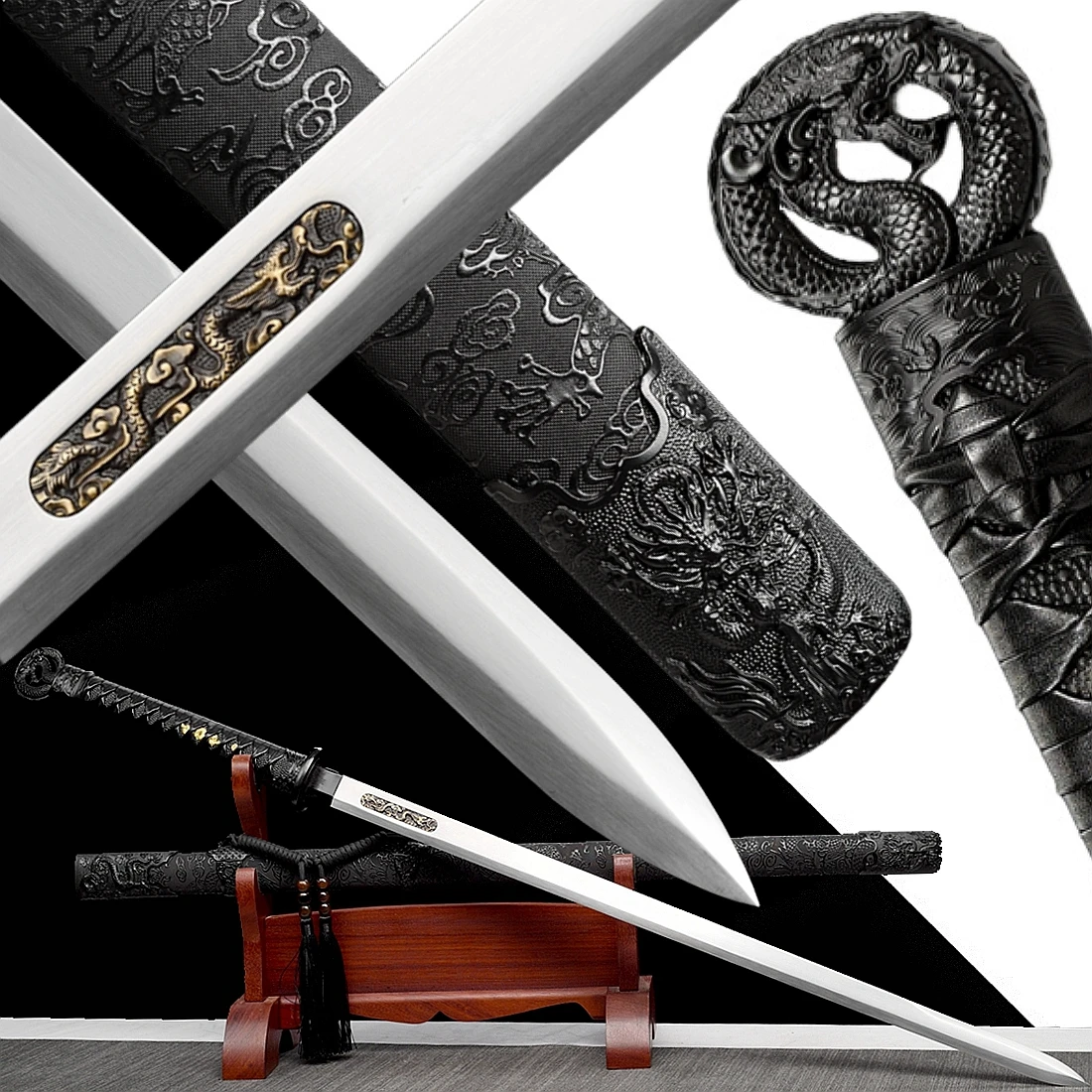 Functional Handmade Chinese KungFu Real Sword High Carbon Steel Blade Tang Dynasty Saber Black Dragon WuShu Battle Jian
