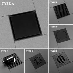 10X10cm Matte Black Invisible Shower Floor Drain Bathroom Balcony Washing Machine Brass Rapid Drainage Tile Insert Square Drains
