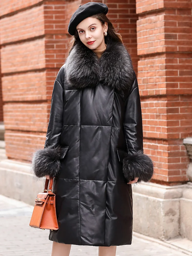 

2022 Winter Patty Fashion Raccoon Fur Collar Sheepskin Loose Size Leather Coat Genuine Leather Down Coat Women's Mid length B26K