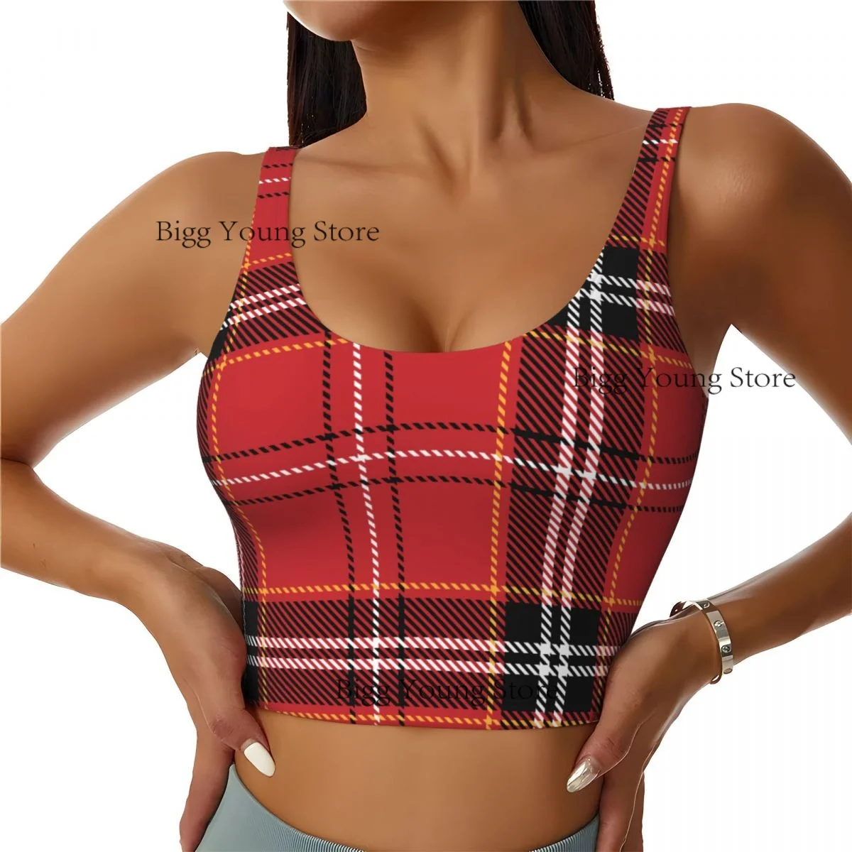 Yoga Vest Women Gym Sports Crop Tops Tartan Plaid Scottish Pattern Streetwear Workout Breathable Tank Top Female