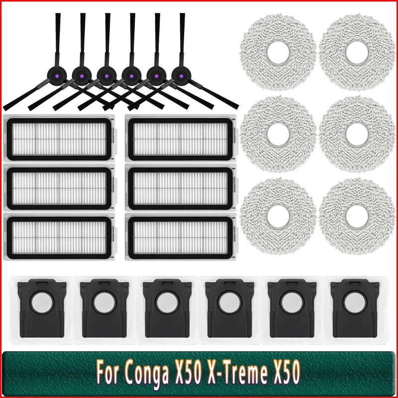 Hauptseitenbürste, Staubbeutel, Filter, Mopptuch-Set für Cecotec Conga X50 X-Treme, Ersatzteile für Staubsauger, Zubehör