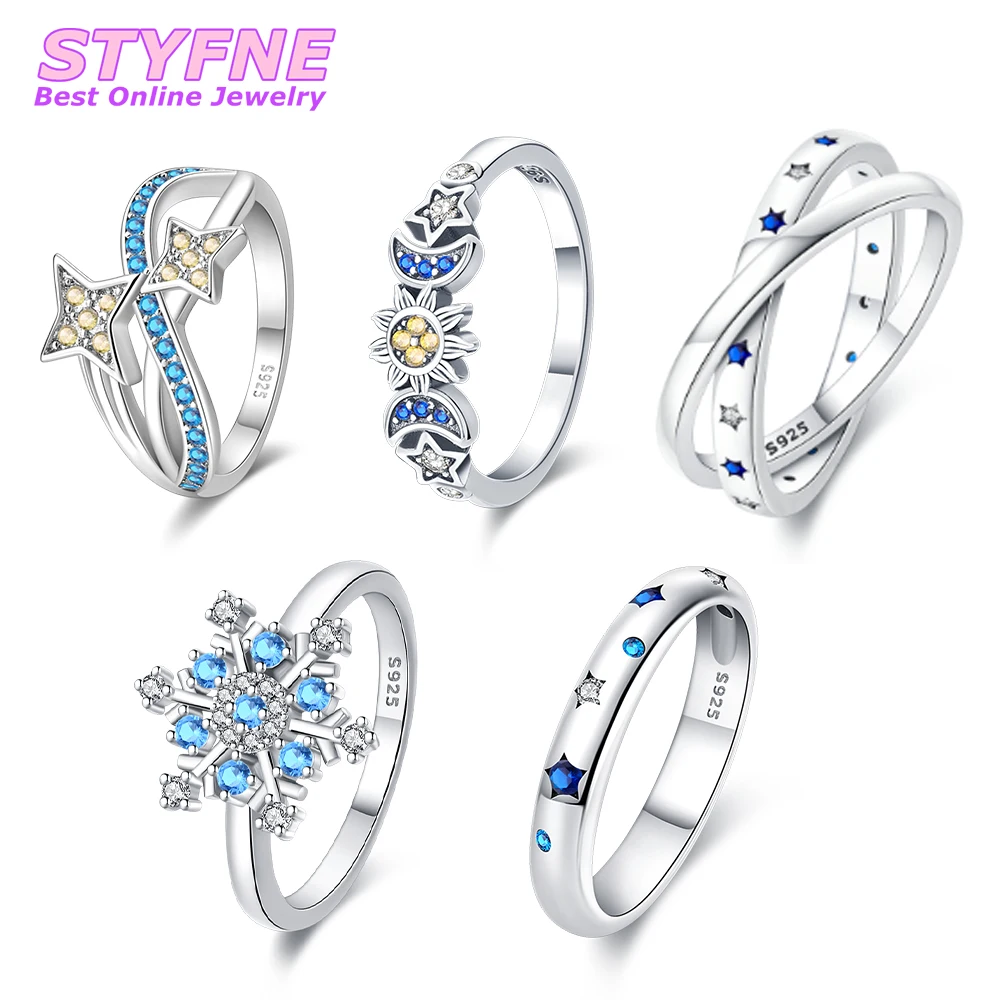 Women 925 Sterling Silver Blue Stars Moon & Sunflowers & Stars & Snowflakes & Stars Sky Rings Jewelry Anniversary Birthday Gifts