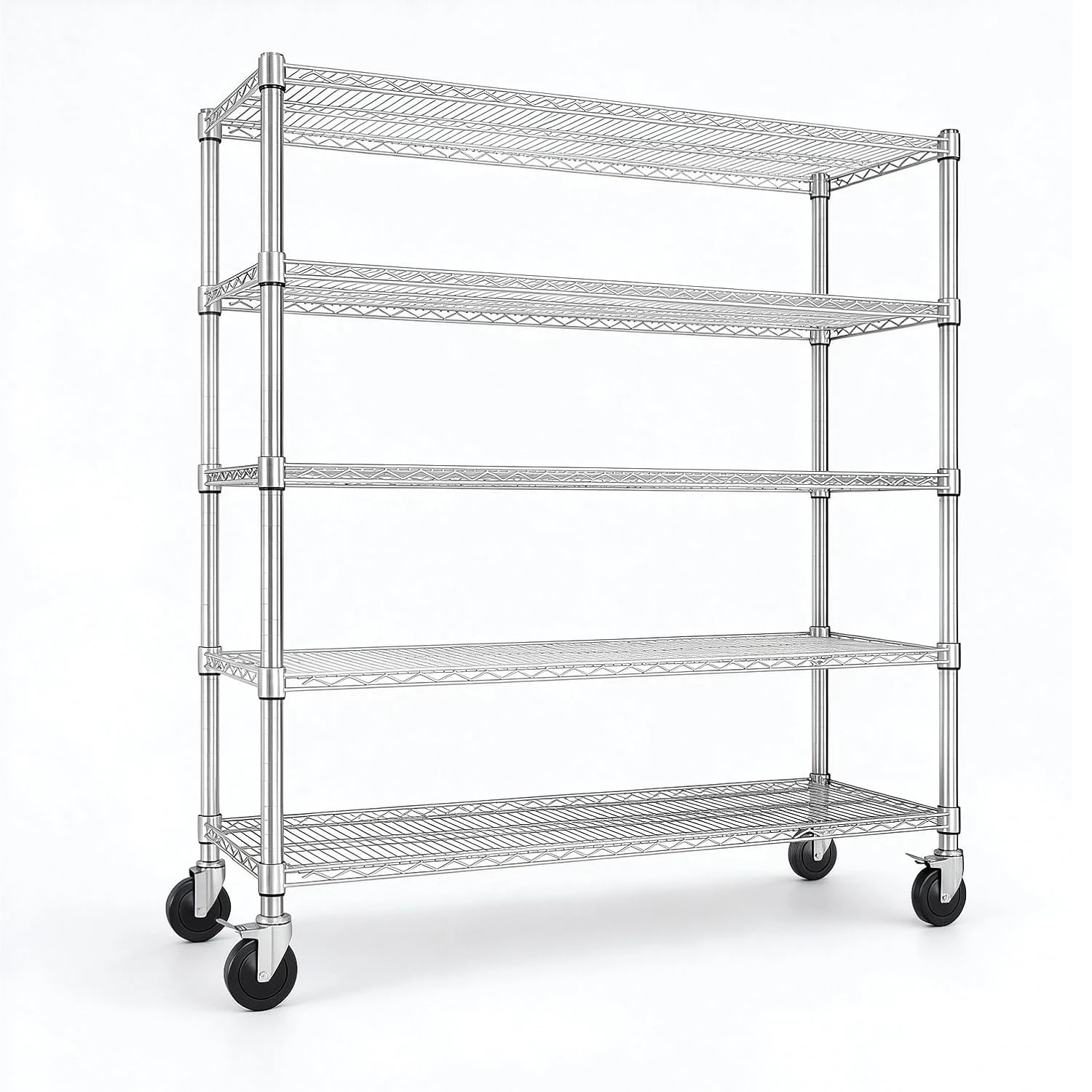 5-Tier Heavy Duty Wire Shelving Rack, 3250 LBS, 59x23x82 in, Chrome Rolling Shelf With Wheels, 650 LBS/Tier For Garage, Kitchen & Pantry