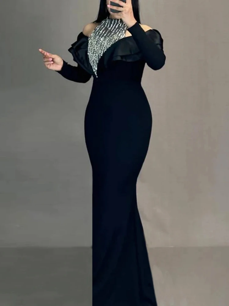 

Сексуальное бандажное платье с открытыми плечами и бриллиантами, женское черное облегающее платье с длинными рукавами и оборками, вечернее платье