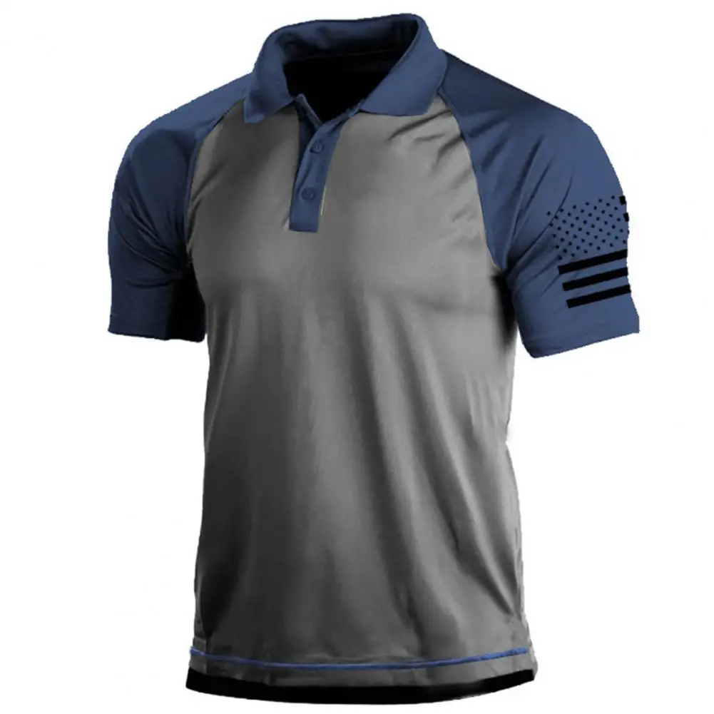 Flag Print Patchwork Color Men T-shirt Athletic T-shirt For Men Lapel Buttons Neckline Short Sleeve Men T-shirt Sports T-shirts