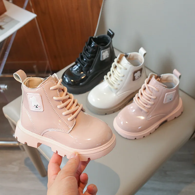 Girls Boots 2024 Fashion Rabbit Short Boots British Style Patent Leather Ankle Boots Spring Autumn Round Toe Low-Heel Kids Shoes