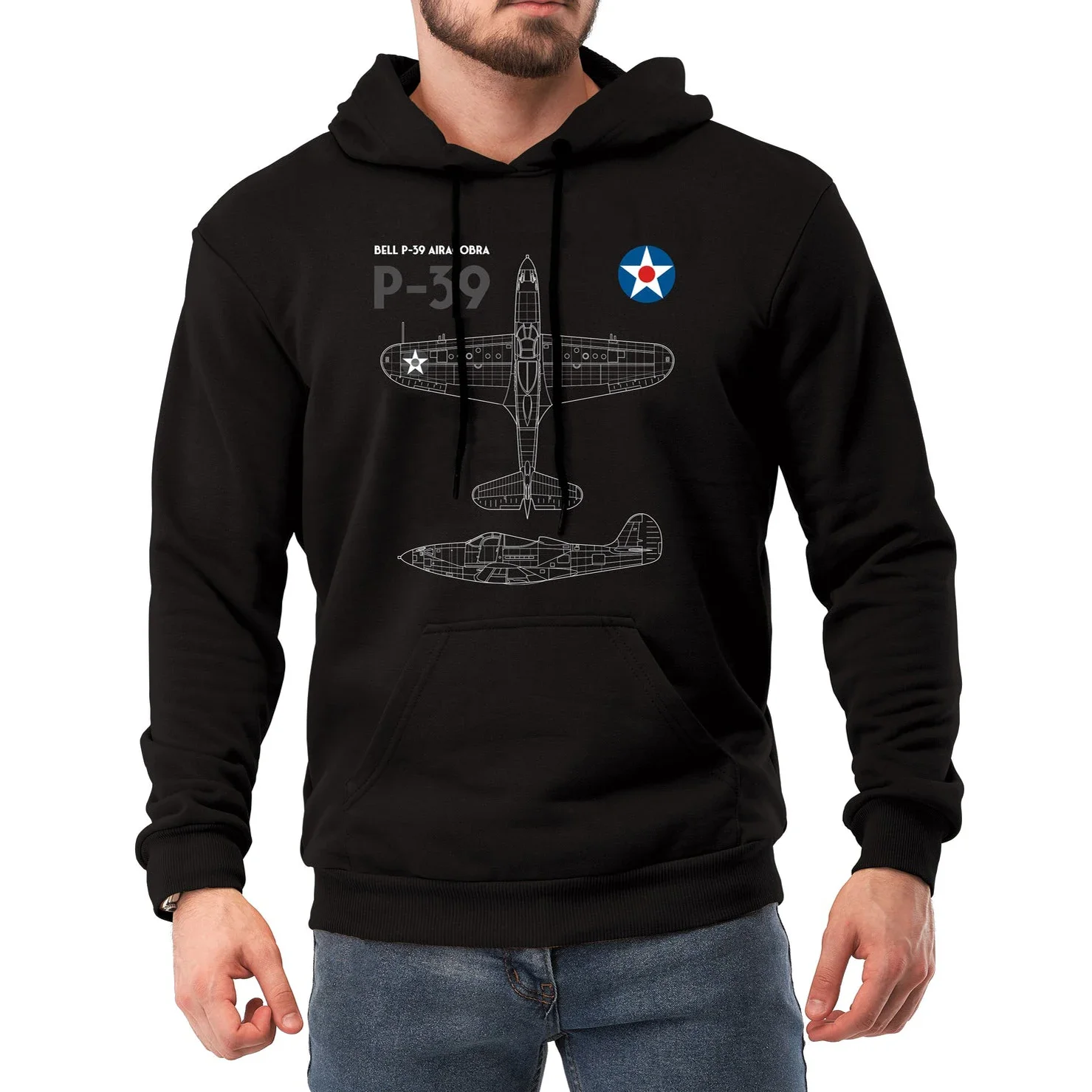 

USAF P-39 Airacobra Fighter Blueprint Pullover Hoodie 100% Cotton Comfortable Casual Mens Sweatshirts WWII Aviation Streetwear