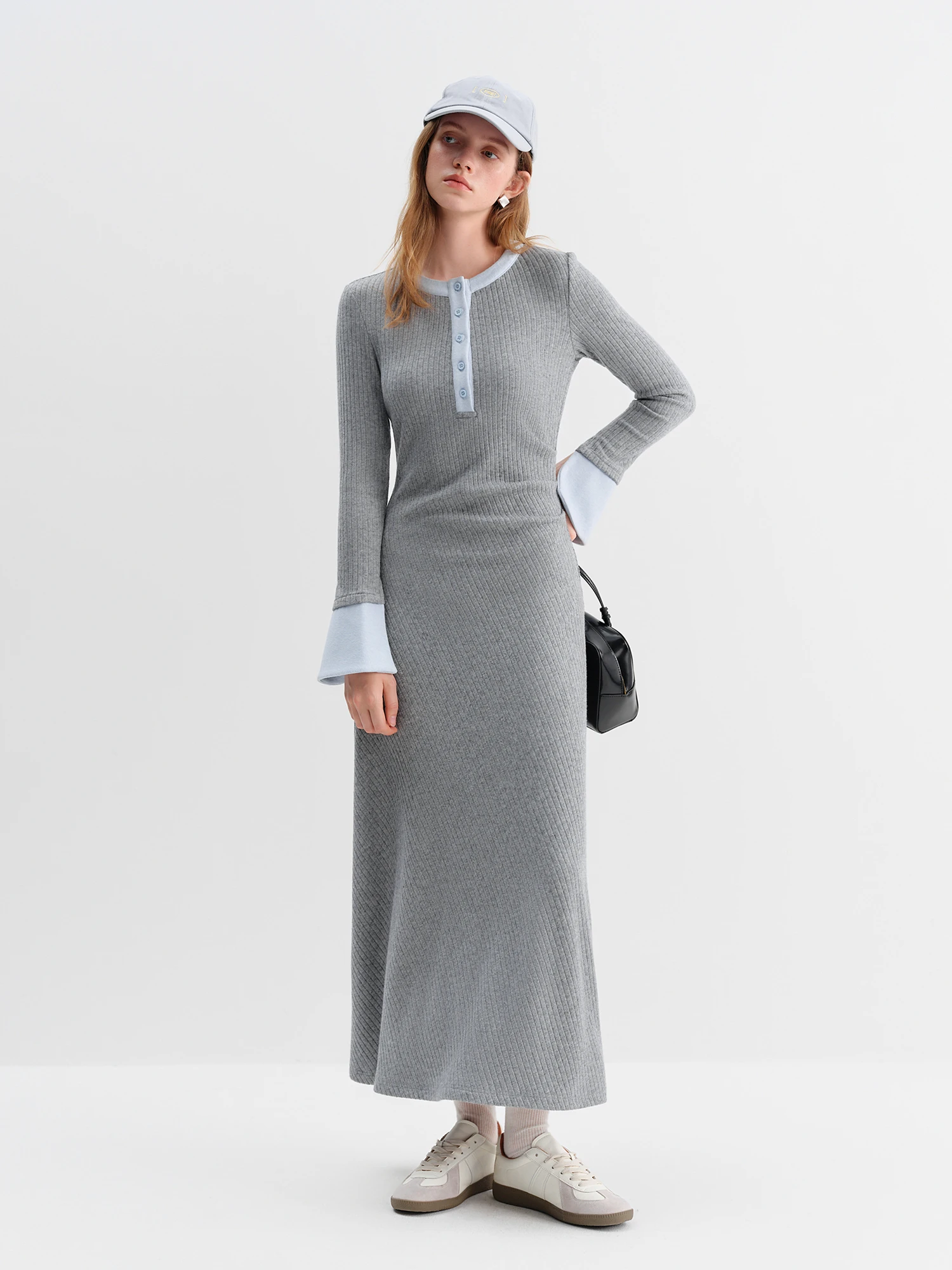 sachin and babi light blue dress FSLE 2025 Winter Women Color Block Round Neck Paneled Dress Slimming Waist  Design - Elegant Long Maxi Dress for Casual