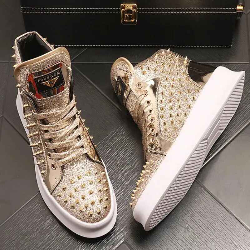 PerSonalized High-top Shoes Fashionable Men\'s Rivet Rhinestone Board Shoes internal Height Breathable Casual Shoes Hip-hop h9