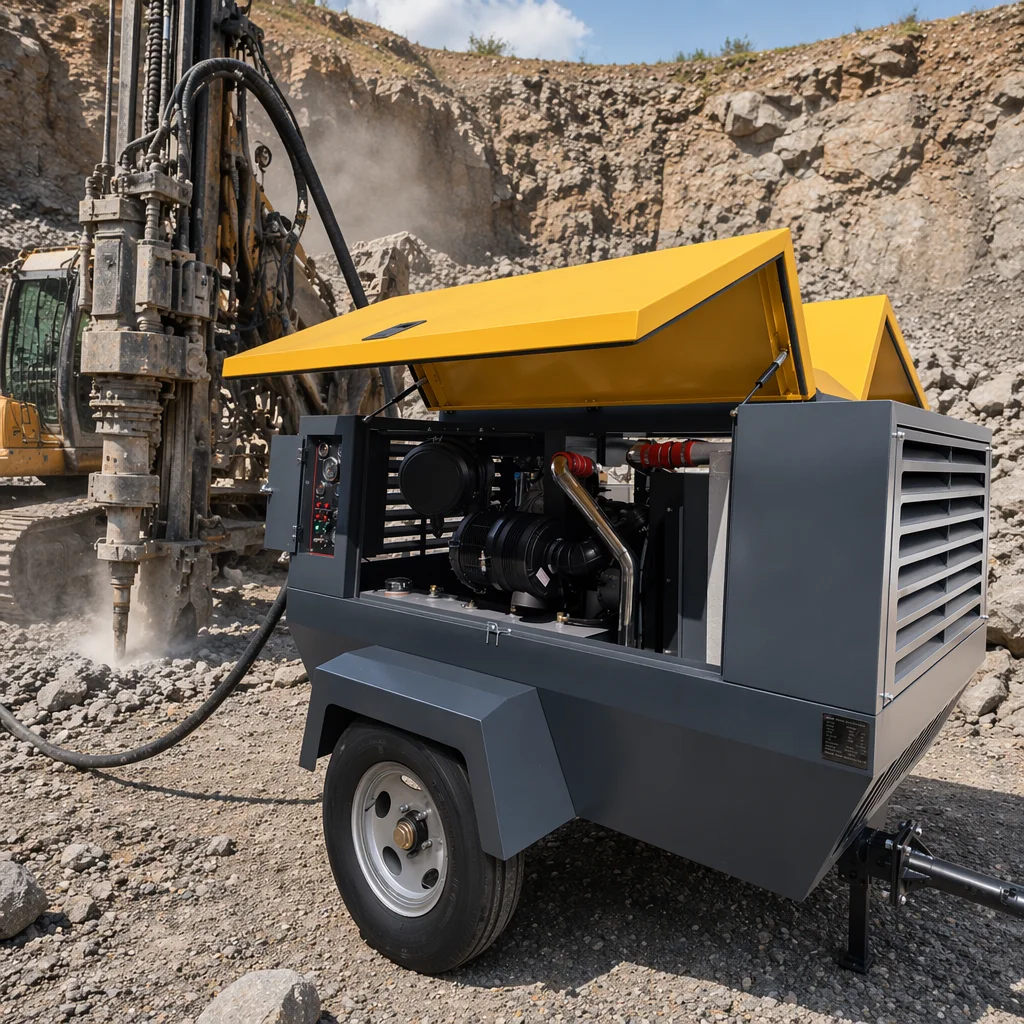 350cfm 8 Bar 10bar Diesel Powered Cummins Engine Lubricated Motor PLC Air Cooled Portable Rotary Screw Air Compressor For Mining