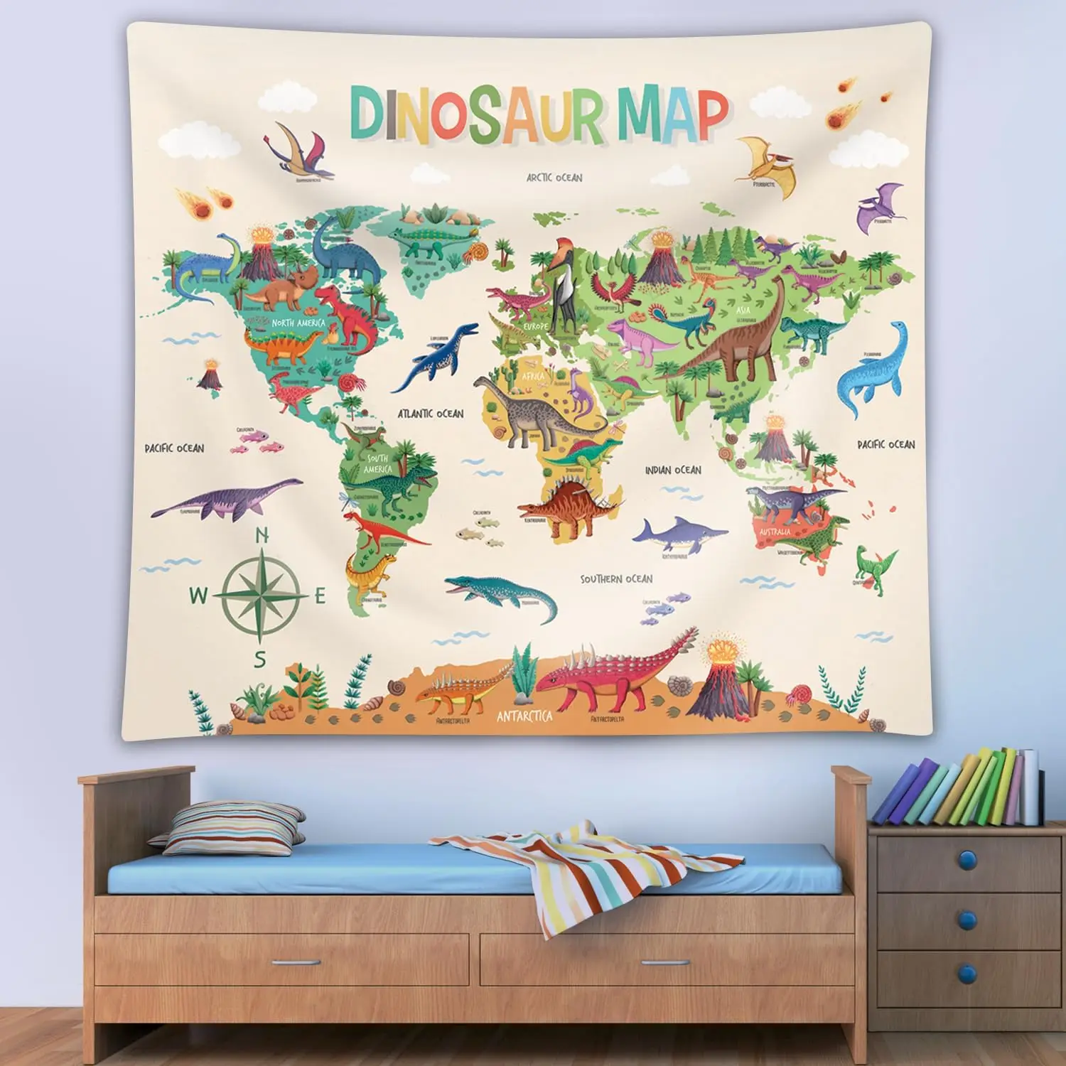 Dinosaur World Map Tapestry Poster for Kids Educational learning Wall Hanging for Bedroom Living Room Nursery Dorm Home Décor