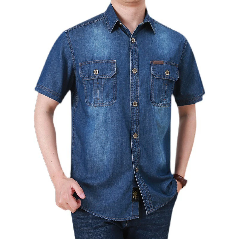 Summer Men's Short Sleeve Denim Shirt Outdoor Men Cotton Washed Breathable Cowboy Shirts Vintage Men Lapel Cargo Shirts Jackets
