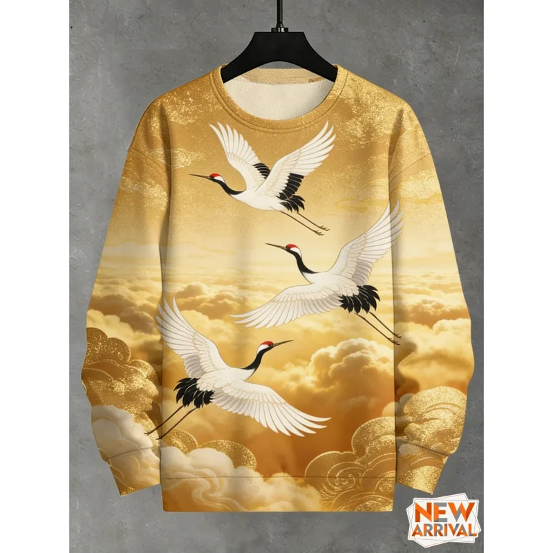 

Wolf Crane Pattern Hoodie For Men Retro Flower 3D Printed Pullover Casual Long Sleeve Loose Unisex O-Neck Hoodies Sweatshirt Top
