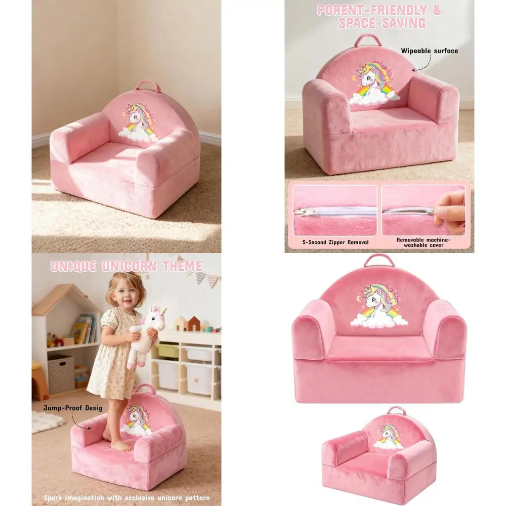 

Removable Cover Toddler Sofa Chair with Magic-Tape Backrest, Soft Crystal Velvet for Play & Naps, Travel-Friendly Pink Design