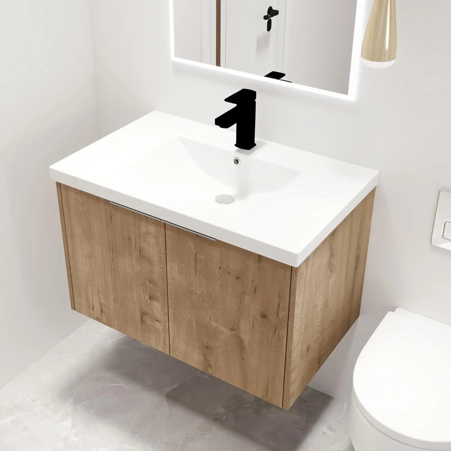 

30" Floating Bathroom Vanity with Sink Wall Mounted 2 Doors White Resin Basin Top, Custom