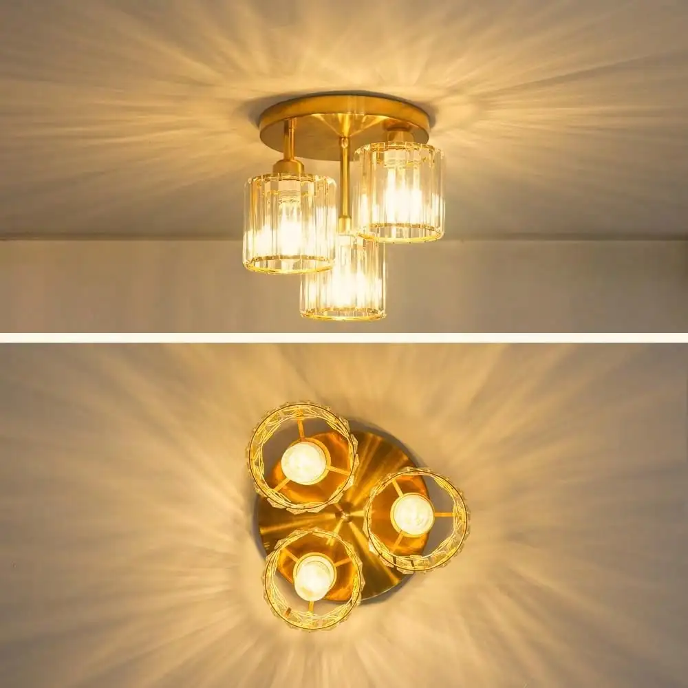 Modern Semi Flush Mount Ceiling Light,3-Light Golden Crystal Close To Ceiling Light Fixtures,Kitchen Light Fixtures With Clear Crystal Shade,Hallway Light Fixtures For Hallway Bedroom Bathroom