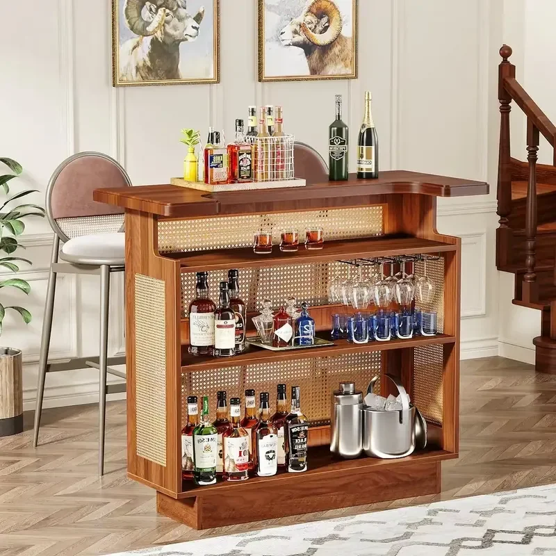 Rattan household bar, 4-story bar table with 4 wine glass holders and raised base, wine bar cabinet mini bar table