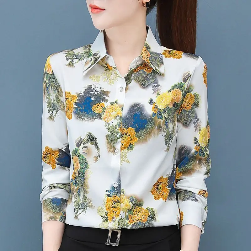 Vintage Printed Button Spliced All-match Floral Shirt Women\'s Clothing 2023 Spring New Oversized Korean Tops Office Lady Blouse