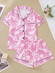 Casual pink leopard print pajama set for women lapel short-sleeved top and baggy shorts loungewear for women