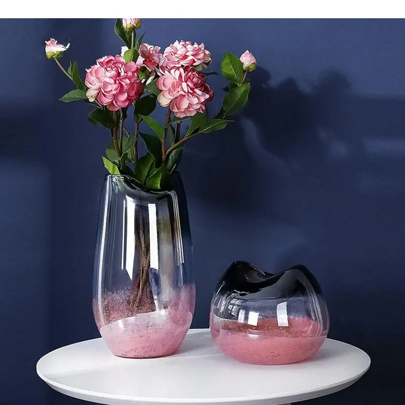 Gradient Pink Glass Vase Transparent Hydroponic Flower Pots Desk Decoration Artificial Decorative Floral Arrangement